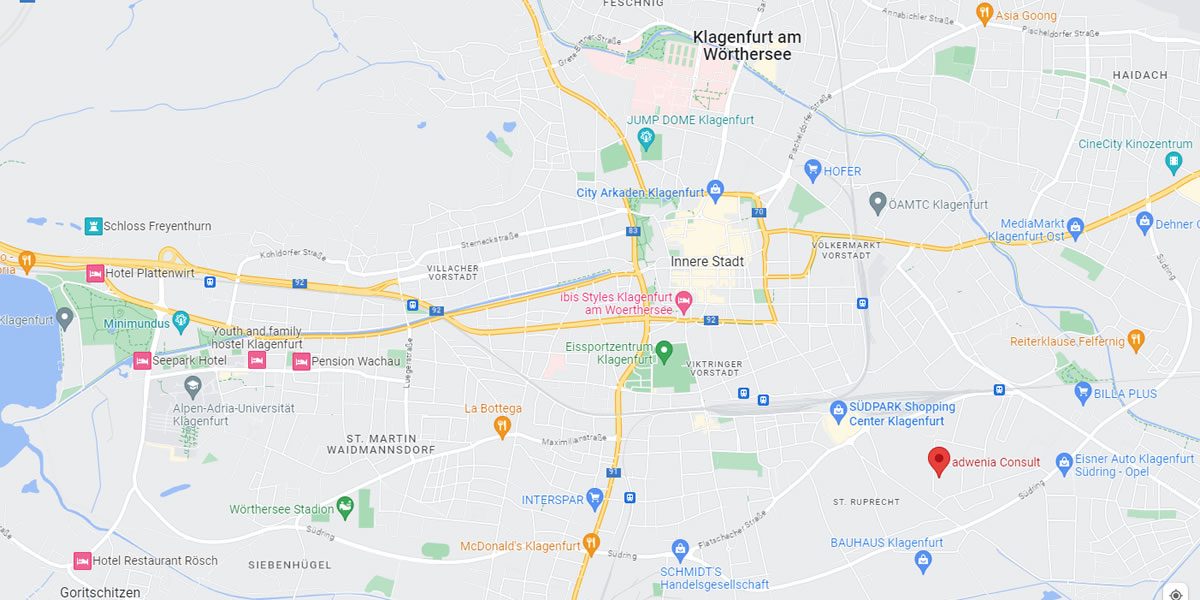Kartenausschnitt von Klagenfurt mit der Markierung adwenia Consult im Südquartier